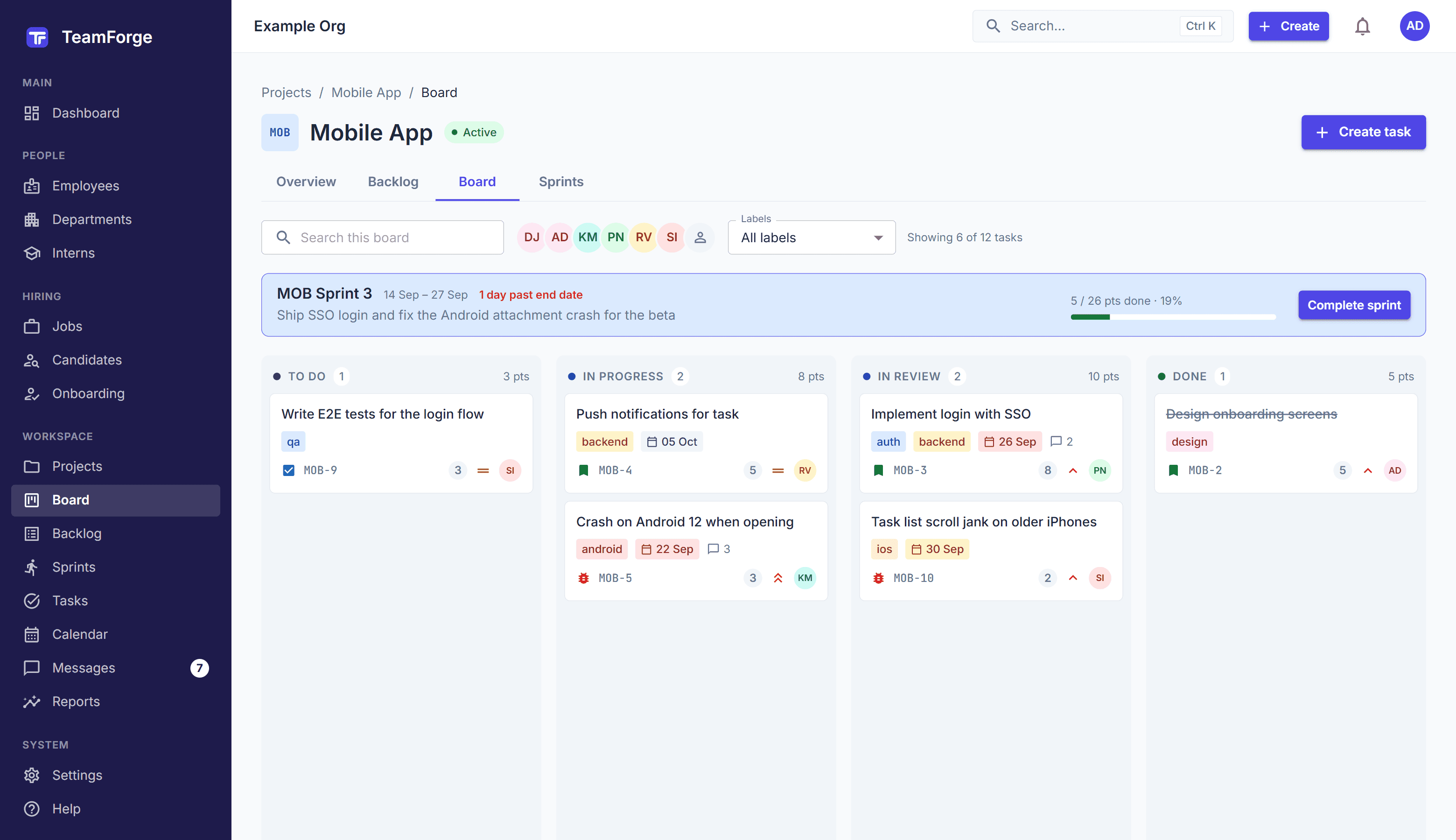 Tribo: the Mobile App project's sprint board, with tasks in To do, In progress, In review and Done